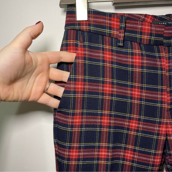 Zara Women's red navy tartan holiday straight leg trouser pants in size US 4 - Picture 3 of 8